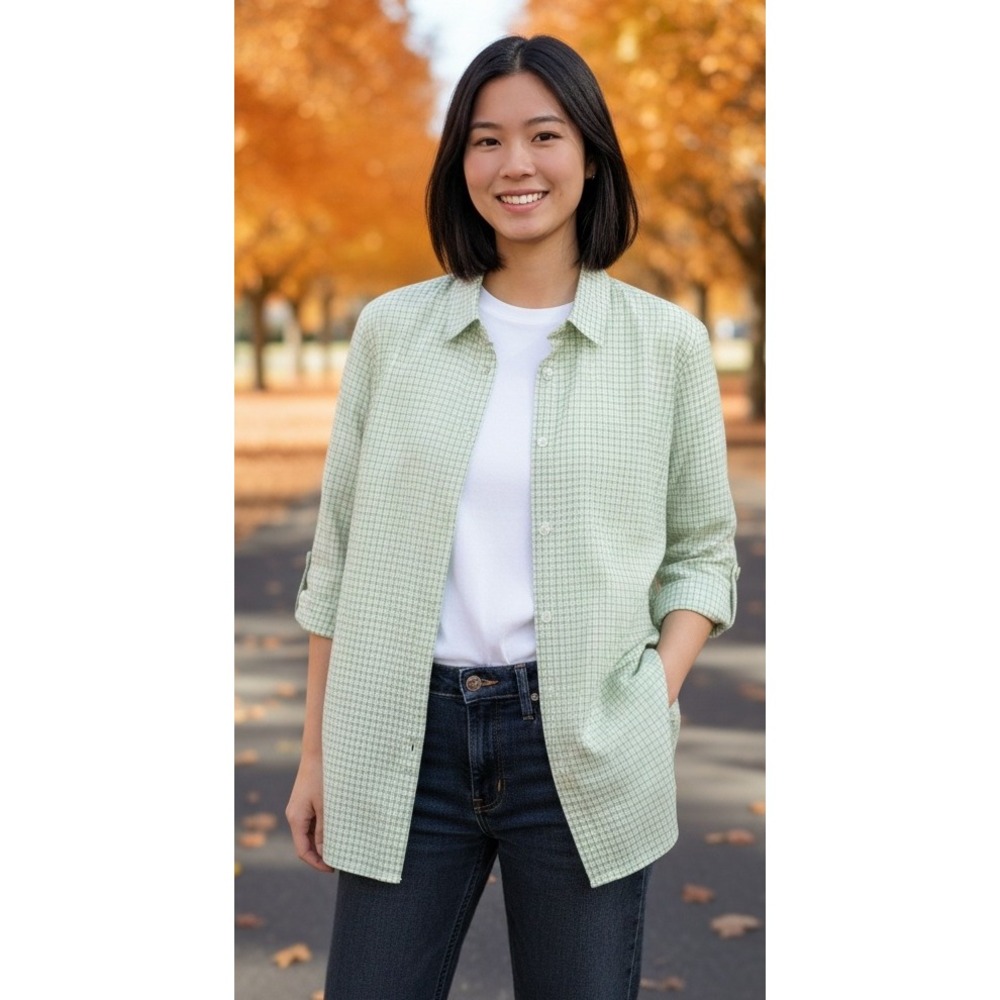 Eddie Bauer Women's Plaid Button Down 3/4 Sleeve Shirt Size 2XL Green Stretch